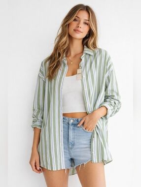 Aerie Green & Blue Striped Button Down Shirt NWT XS Relaxed Fit